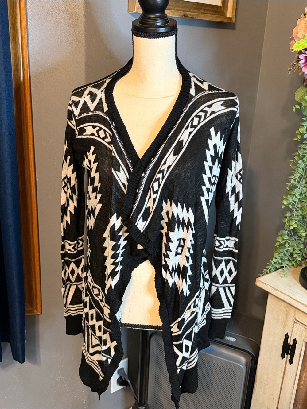 Almost Famous Black and White Aztec Open-Front Cardigan